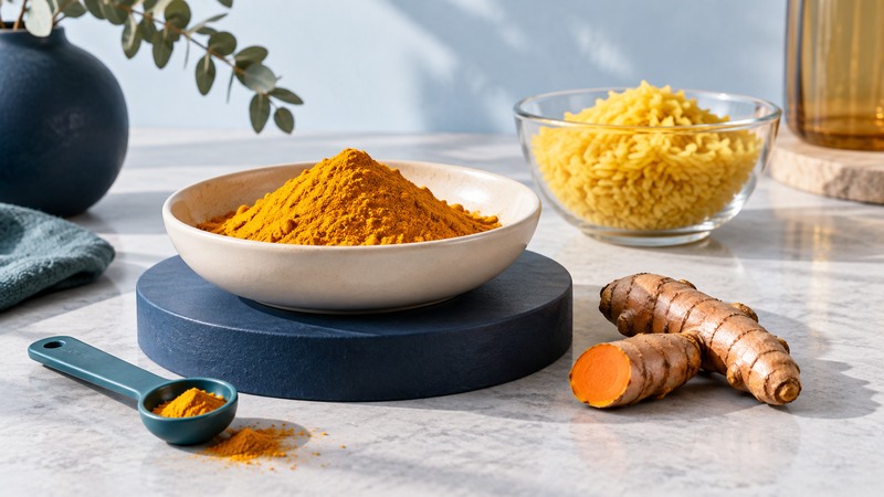 Turmeric powder, orange-cut rhizomes and a teal spoon beside a glass bowl of golden rice.