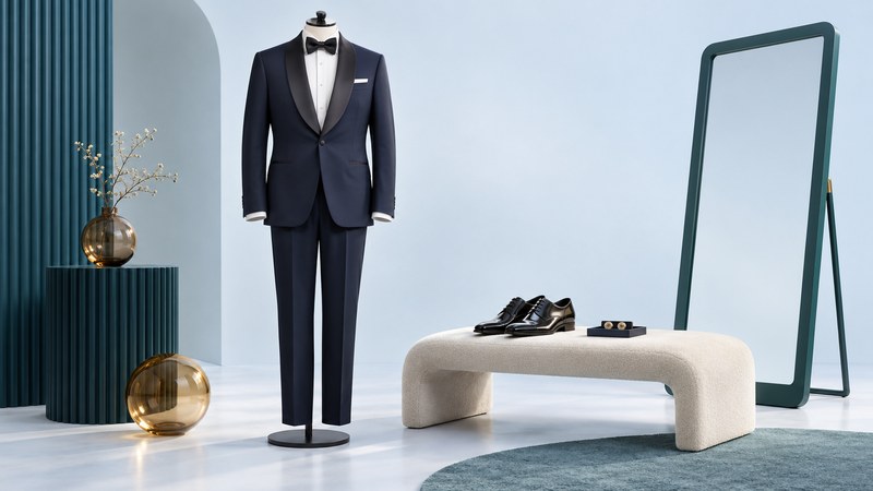 A navy tuxedo on a mannequin with a white shirt and black bow tie, beside shoes, cufflinks and a teal mirror.
