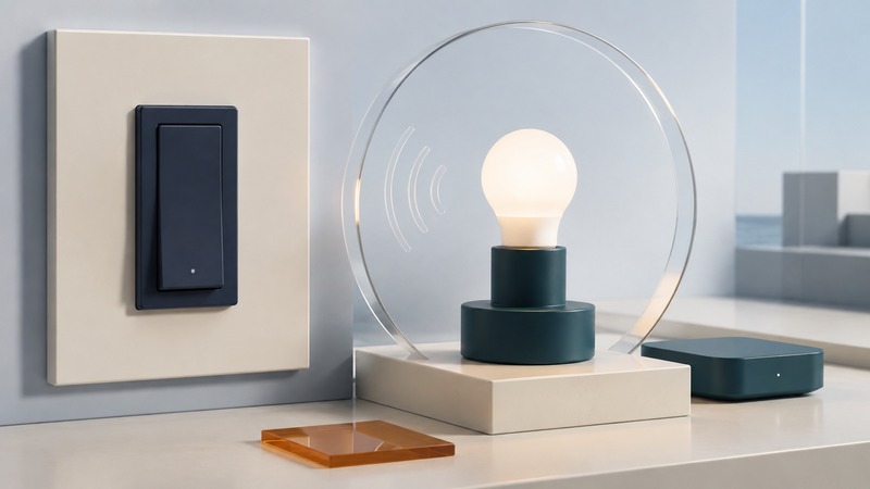 A closed navy wall dimmer, warm-white LED demonstration lamp, and teal smart-home bridge form a conceptual compatibility display.