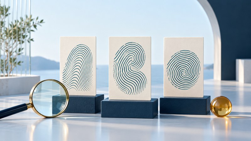 Three ivory specimen cards with abstract teal ridge patterns beside a magnifying glass and amber observation marker.