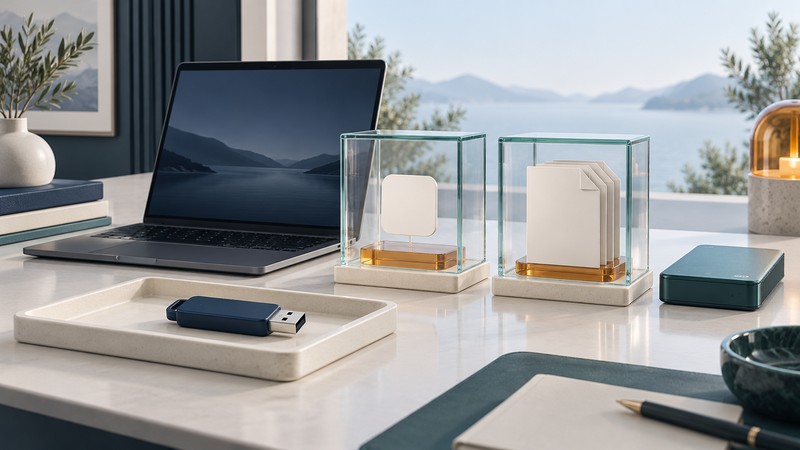 A USB drive beside separate conceptual displays for applications and documents, with a second storage device.
