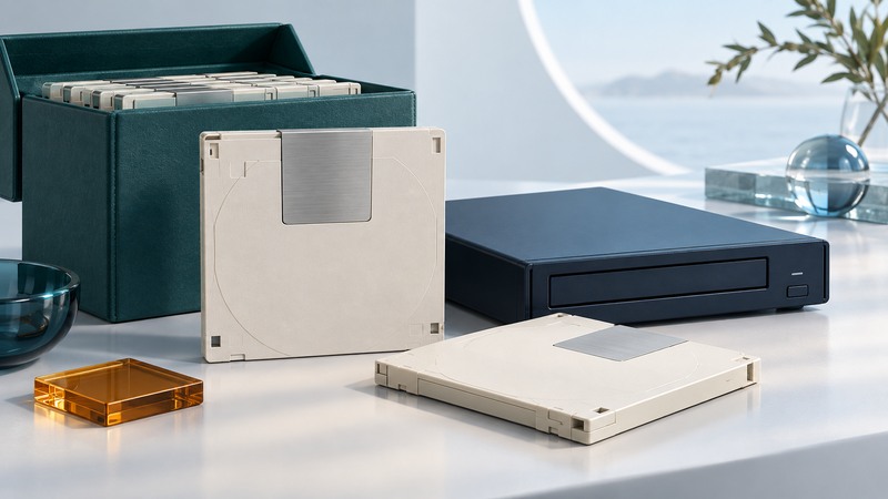 Large optical archive cartridges, a desktop drive and a storage case.