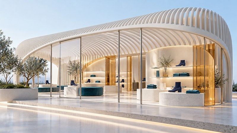 A conceptual footwear boutique uses ribbed ivory architecture, glass walls and displays of boots and knitwear.