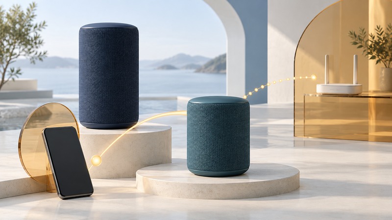 Two unbranded cylindrical speakers stand near a phone, with a separate router behind translucent glass.