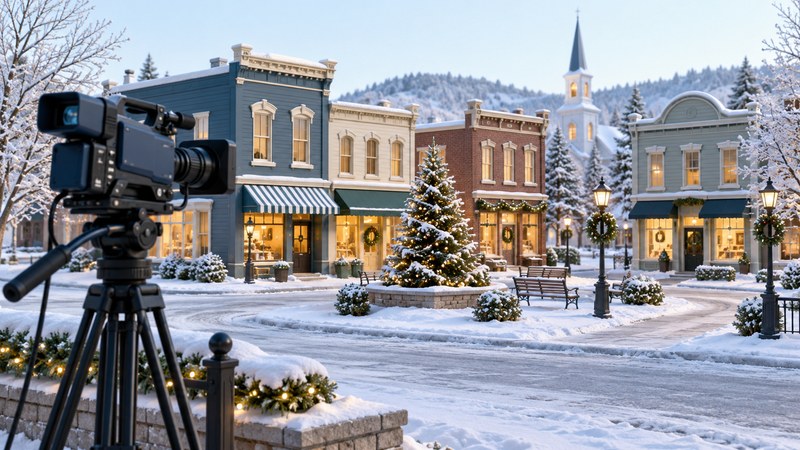 A video camera on a tripod faces a miniature snowy main street with festive lights and an evergreen.