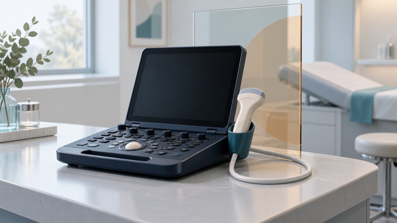 Conceptual portable ultrasound console with a blank screen and a probe resting in its holder.