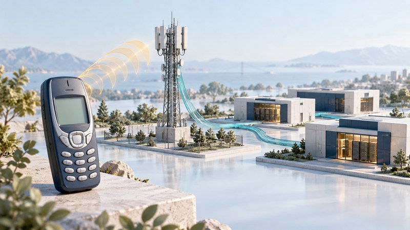 A miniature phone, cellular tower and network buildings joined by teal paths.