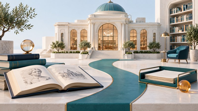 An ivory civic library, open book, document tray and teal path in a sunlit reading room.