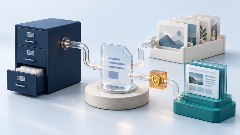 Three distinct content repositories connect to a shared glass document panel and an amber inspection station.