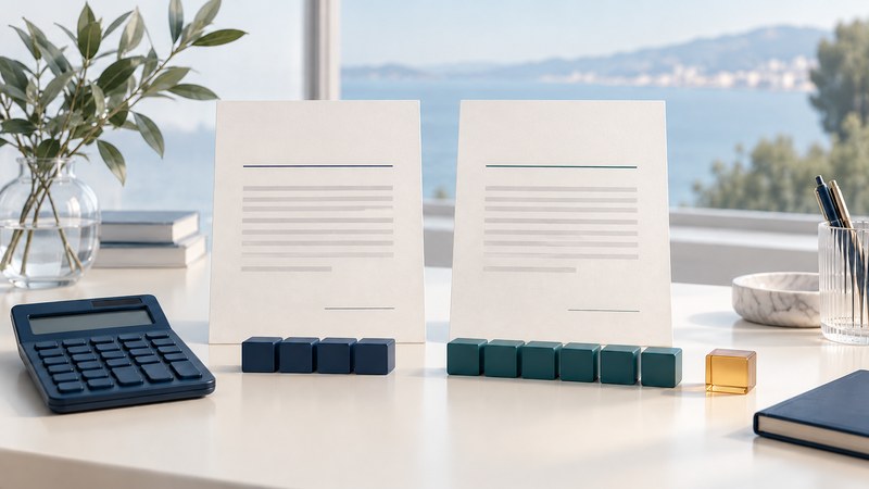 Two blank loan-offer sheets stand above different lengths of navy and teal payment blocks beside a calculator and amber fee block.