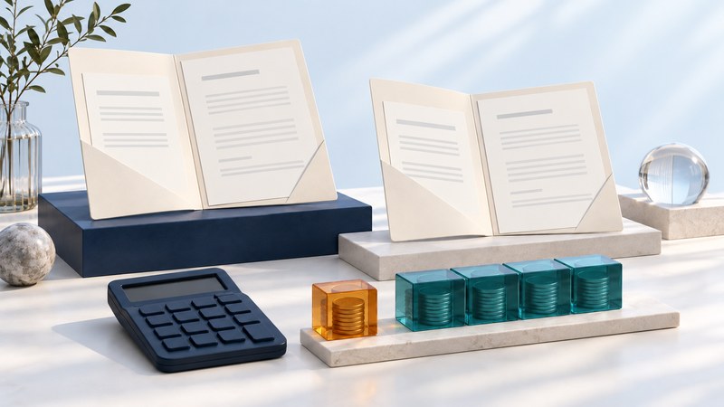 Two ivory loan folders stand above a calculator and separate amber and teal allocation blocks.