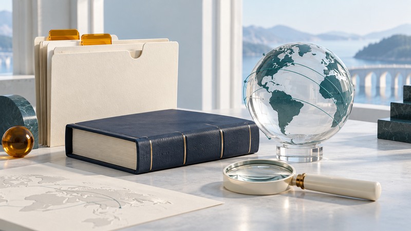 An ivory archival folder and navy policy volume sit beside a glass globe, amber tabs and a magnifier.