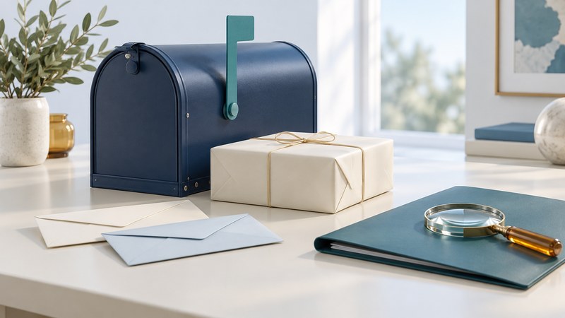 A navy mailbox, ivory parcel, plain envelopes and a document folder with a magnifying lens.