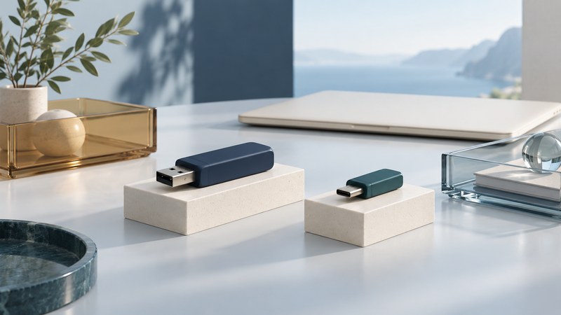 Separate navy USB-A and teal USB-C thumb drives rest on ivory platforms beside a laptop.