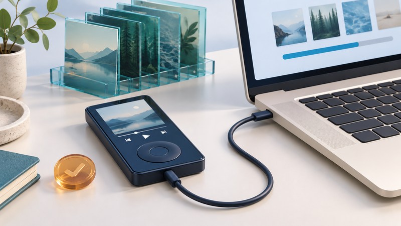 A navy music player connected to a laptop by a USB cable beside glass album tiles.