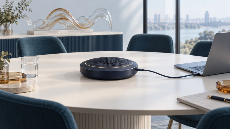 A navy USB speakerphone connects to a laptop on an ivory meeting table surrounded by chairs.