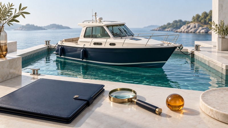 A navy and ivory cabin boat sits in teal marina water beside an inspection folder, magnifying glass and amber token.