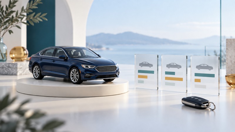 A navy sedan sits beside three glass comparison cards and a car key.
