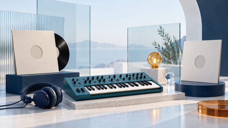 A teal synthesizer, headphones, and unmarked records in a bright room.