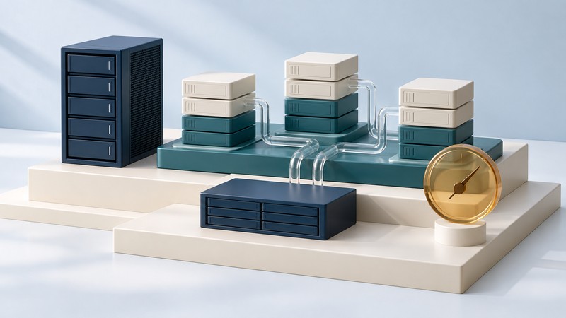 A conceptual model of navy servers and ivory compute blocks on a shared teal platform, connected by glass channels beside an amber usage dial.