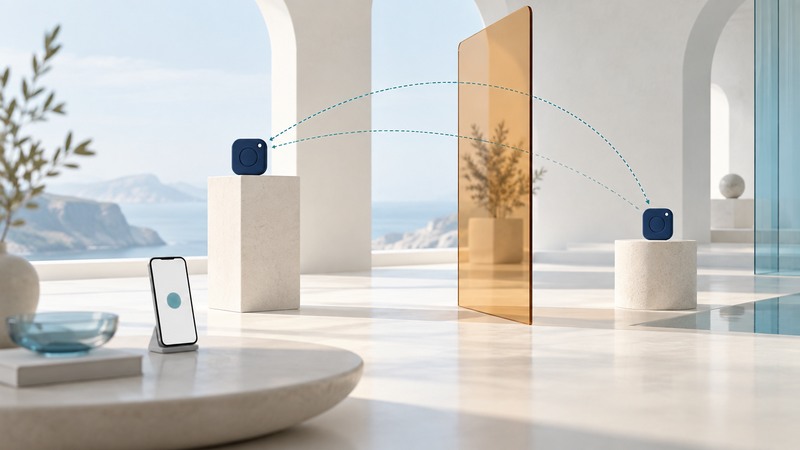 Two navy radio tags stand across an amber screen, with teal distance arcs and a phone nearby.
