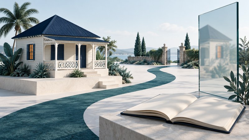 An ivory house with a navy roof stands beside a winding teal path, an open notebook, and a glass panel reflecting the house.