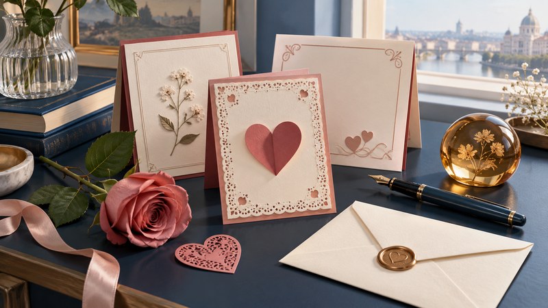 Layered ivory and rose paper cards, a heart, a rose, a pen, and an envelope on a navy desk.