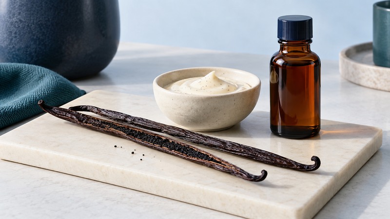 A split vanilla pod and an intact pod beside vanilla-speckled cream and a plain amber bottle.
