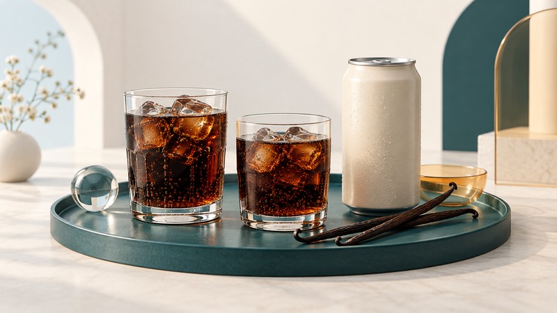 Two glasses of cola, vanilla pods and an unlabeled can are arranged on a teal tray.
