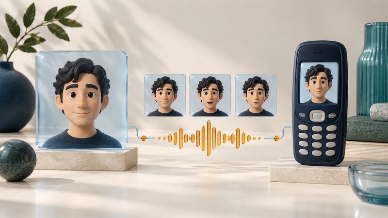Conceptual portrait, expression frames, sound waveform, and early phone showing the same animated face.