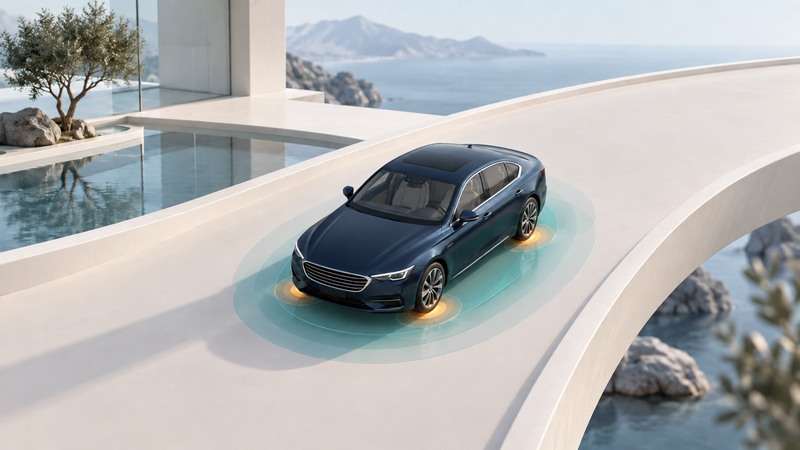 A miniature sedan follows an ivory curve with conceptual wheel-sensing highlights.