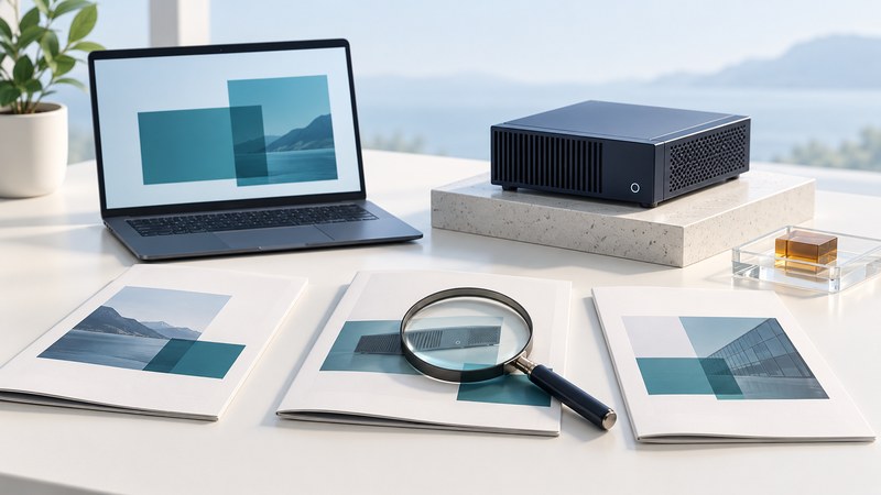 Product brochures, a magnifying glass, laptop and compact computer appliance are arranged on an ivory table.