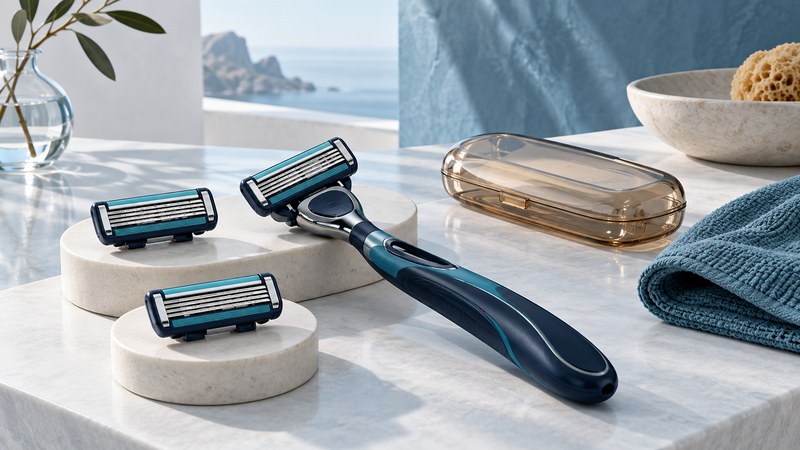 A conceptual navy cartridge razor beside two separate replacement heads and a translucent protective case.