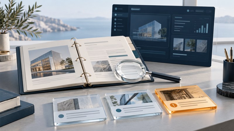 An evidence binder, software screen and orderly inspection cards on an ivory desk.