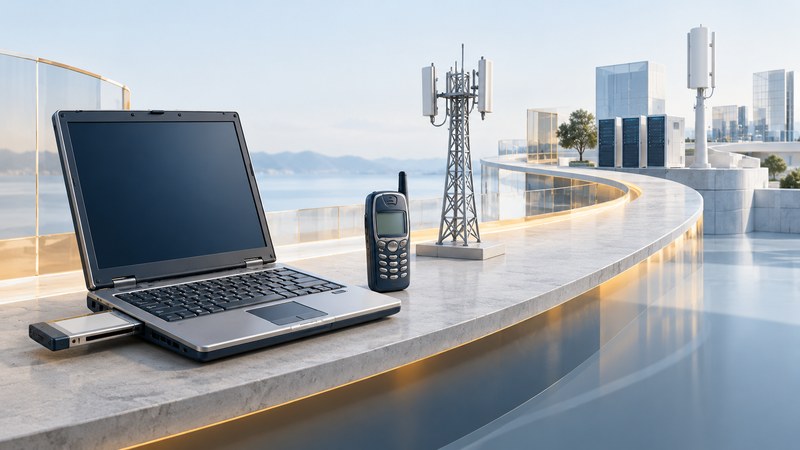 An older laptop with a cellular PC Card and phone beside a conceptual network path.