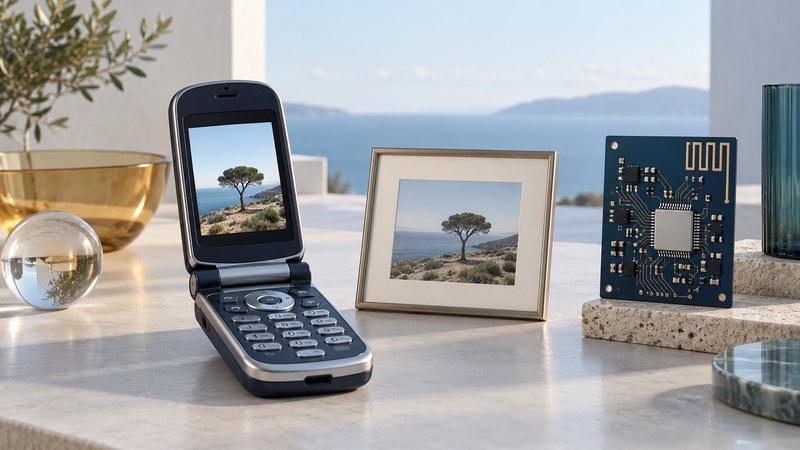 An open clamshell phone displaying a tree photograph beside a framed photo and a separate conceptual radio board.