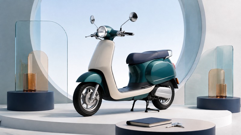 An ivory and teal step-through scooter beside a maintenance notebook and keys.