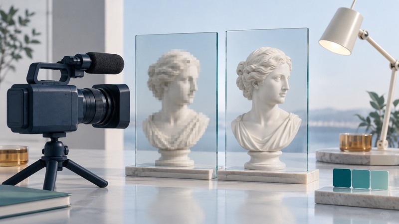A navy video camera faces glass panels with pixelated and clear versions of an ivory bust.
