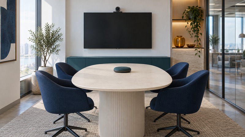 A four-seat meeting room has a blank wall display, centered camera, and tabletop speakerphone.