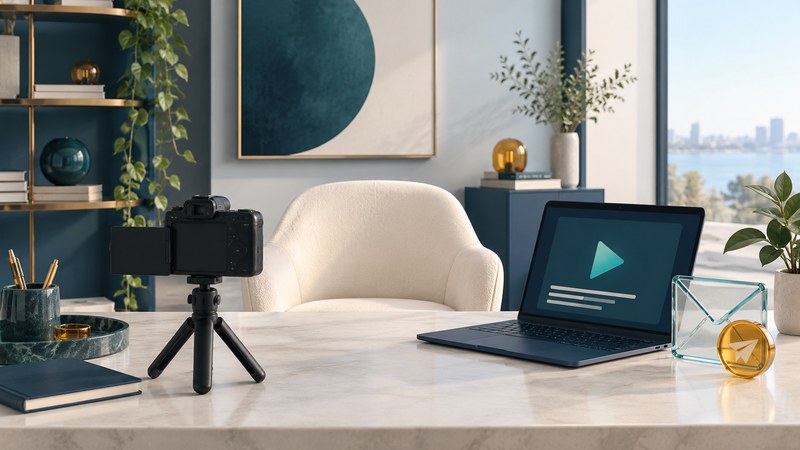 A camera on a tabletop tripod faces a chair beside a laptop with an abstract play symbol and caption bars.