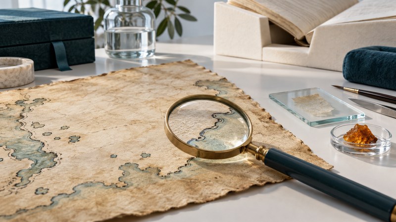 An aged conceptual map, magnifying glass, glass slide, and pigment sample on a conservation table.