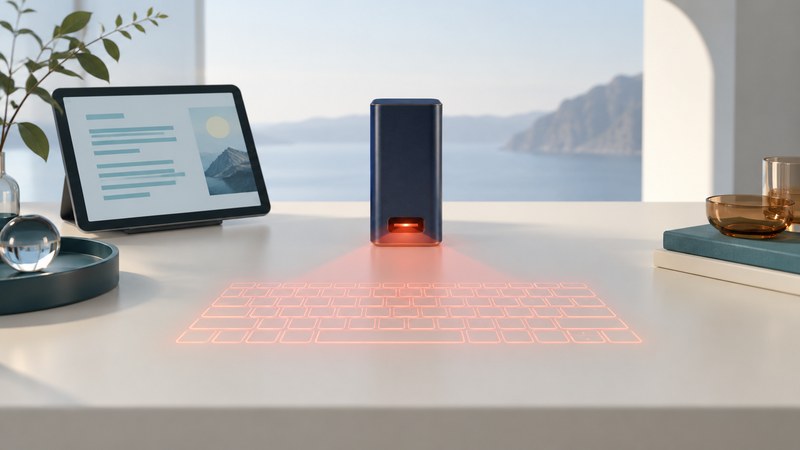 A small optical keyboard tower projects a blank key grid onto an ivory table beside a tablet.