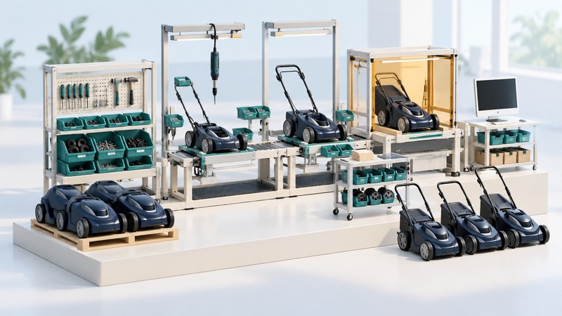 A conceptual miniature mower factory with workstations, parts bins, and a blank computer monitor.
