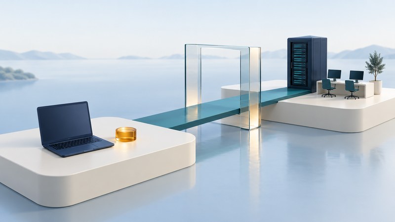 A laptop and an office server model occupy separate platforms joined by a teal bridge through a glass gateway.