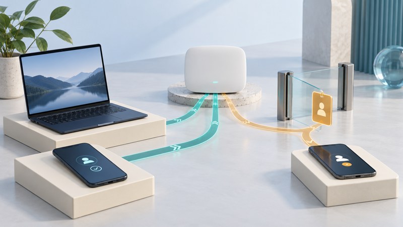 A wireless access point connects a laptop and two phones on separate platforms through distinct teal and amber paths.