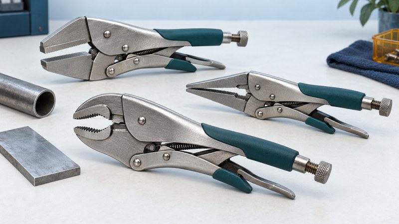 Illustration of three locking pliers with different jaw profiles and visible adjustment screws.
