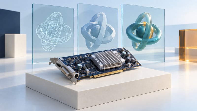 A graphics-card concept in front of wireframe, faceted and shaded rendering panels.