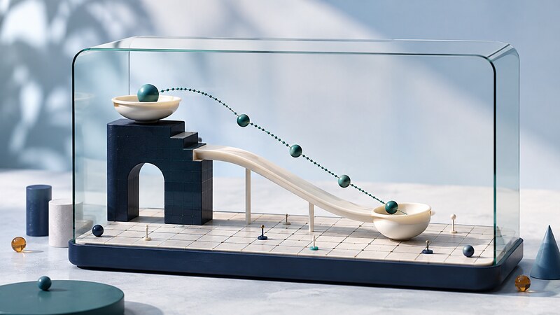 A teal ball and curved trajectory sit above an ivory ramp inside a glass simulation scene.