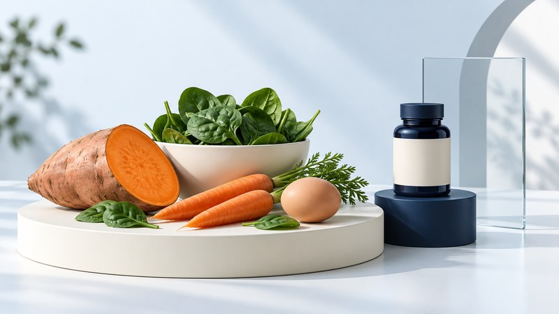 Sweet potato, carrots, spinach and an egg sit beside a navy bottle with a blank label and a clear glass panel.