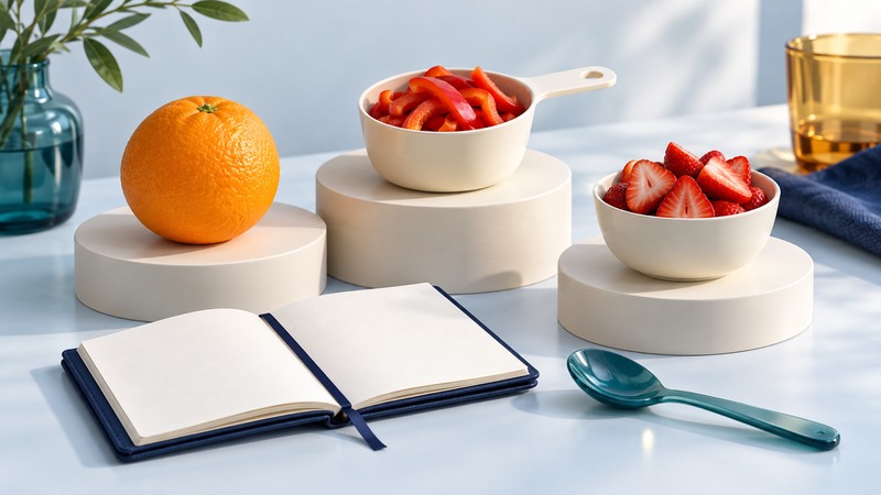 An orange, measured pepper strips and strawberries sit beside a blank notebook and teal spoon.